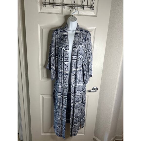 RipCurl Women Short Sleeve Side Slit Duster Cardigan Blue/White Geometric Size M - Picture 1 of 7